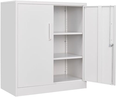 SISESOL White Metal Storage Cabinet with Doors and Shelves,36 inch Small Metal Cabinet with Lock,Short Garage Storage Cabinets,Locking Steel Cupboard for Home,Office,Kitchen,Garages SISESOL