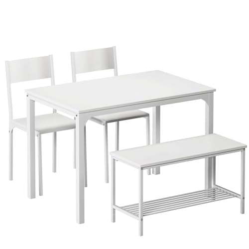 SogesPower Dining Table Set for 4, Kitchen Dining Table Set with 2 Chairs and 1 Bench, 4 Person Kitchen Table Set for Dining Room Restaurant Small Space, White SogesPower
