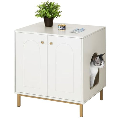 Hzuaneri Cat Litter Box Enclosure, Hidden Litter Box Furniture, Wooden Pet House Side End Table, Storage Cabinet Bench, Fit Most Cat and Litter Box, Living Room, Bedroom, White and Gold CB812 - WoodArtSupply