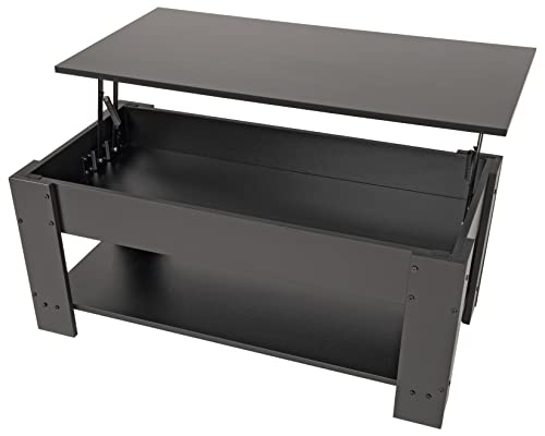 Elevon Lift Top Coffee Table with Hidden Compartment and Storage Shelf, 19"D x 37.5"W x 22"H, Black Elevon