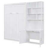HABITRIO Full Size Murphy Bed, Wooden Full Murphy Wall Bed with Multiple Storage Shelves and A Cabinet, White HABITRIO