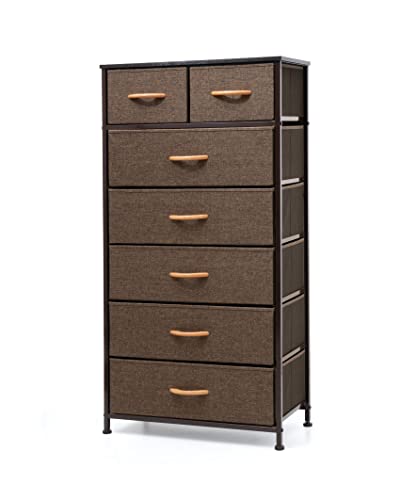 Pellebant Dresser for Bedroom with 7 Drawers, Tall Dresser Vertical Storage Tower, Sturdy Metal Frame, Fabric Storage Bins with Wooden Handle and Wooden Top, Organizer Unit for Closet/Hallway, Brown Pellebant