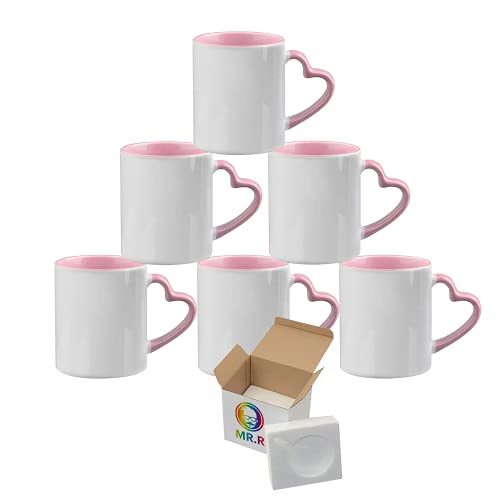 MR.R Sublimation Blank Dishwasher Ceramic Mug,Blank Coated Cup,Sublimation Blank Mugs,Classic Cup with Pink Color Inner Mug and Heart Handle,11oz,Set of 6 pcs per Carton