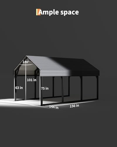 GarveeLife 12x13 ft Metal Carport Shed, Reinforced Frame and Steel Roof for All-Weather Use, Permanent Shelter for Cars, Motorcycles, ATVs, or Boats GarveeLife