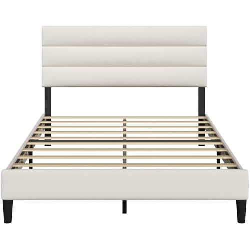 Acurax Queen Size Bed Frame with Velvet Upholstered Headboard, Platform Bed Frame with Metal Support, Fully Upholstered Mattress Foundation, No Box Spring Needed, Noise Free, Easy Assembly, Beige Acurax