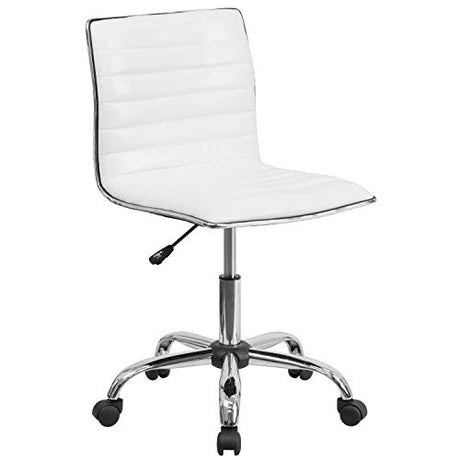 Flash Furniture Alan Low-Back Ribbed Upholstered Vinyl Swivel Desk Chair with Padded Seat, Modern Adjustable Height Padded Office Chair, White Flash Furniture