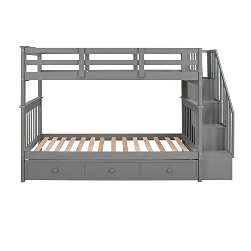 Harper & Bright Designs Twin Over Twin Bunk Bed with Three Drawers and Storage Staircase, Solid Wood Bunk Bed Frame with Guardrails for Bedroom, Guest Room, No Box Spring Required, Space Saving, Gray Harper & Bright Designs