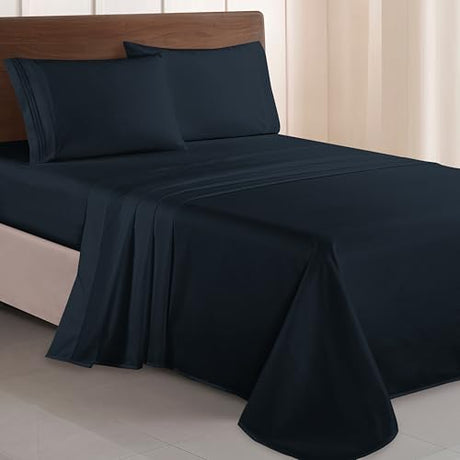 Elegant Comfort Luxurious 1500 Premium Hotel Quality Microfiber Three Line Embroidered Softest 4-Piece Bed Sheet Set, Wrinkle and Fade Resistant, Full, Black Elegant Comfort