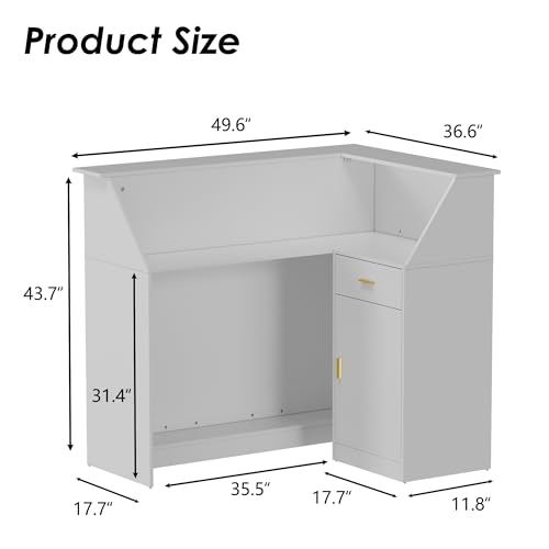 PAKASEPT Reception Desk with LED Lights, L-Shaped Modern Front Desk with Glass Display Shelf, Reception Counter Table for Lobbies, Salons, Retail, Home Offices (White) PAKASEPT
