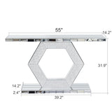 55'' Mirrored Console Table Long Mirrored Sofa Table for Living Room Office, Hexagon Design Crystal Accents, Modern Entryway Console Desk for Hallway Entrance, 55''x14.2'' Glass Top Henf