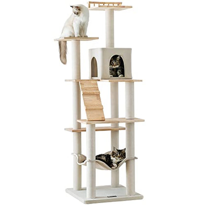 MWPO Cat Tree - 63.8-Inch Modern Wood Cat Tower for Indoor Cats,Multi-Level Cat Condo for Large Cat with Scratching Posts, Hammock- Beige - WoodArtSupply