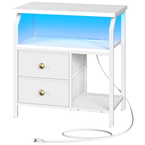 HOOBRO 23 inch Wide Nightstand with Charging Station and LED Light, Night Stand with 2 Fabric Drawers, Bedside Table, Dresser with Open Storage Shelf, End Side Table for Bedroom, White WT160UDBZ01 HOOBRO
