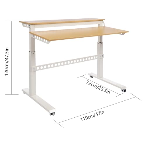 Ongniong 2 Tier Standing Rolling Desk Adjustable Height 47" Wide Manual Crank Mobile Standing Desk with Steel Frame Portable Stand up Desk Double Level Workstation 66.14lbs Weight Capacity Ongniong