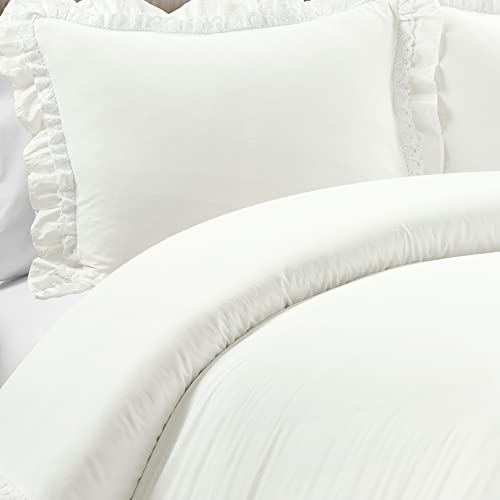 Lush Decor Ella Ruffle Lace 100% Cotton Duvet Cover, 3 Piece Set, Full/Queen, White - Cute Comforter - Queen Bedding Set - White Bedding Full Size - Coquette Decor - Neutral Lace Trim - Ruffle Trim Lush Decor