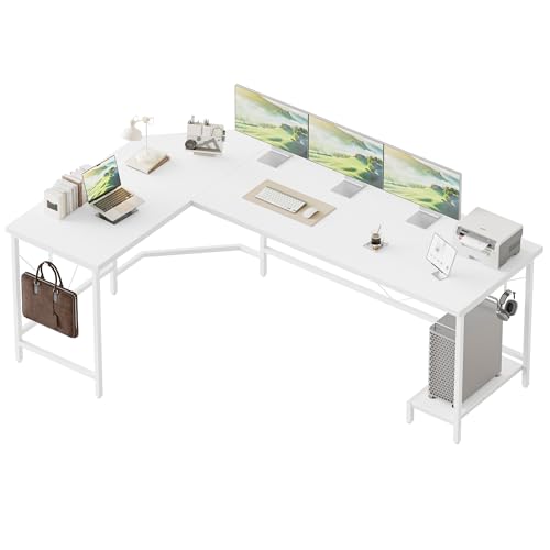 Mericonia 66 inch Large Corner Gaming Desk, Simple L Shaped Desk with CPU Stand & Hooks, Computer Desk for Home, Bedroom & Office Workspace, White Mericonia