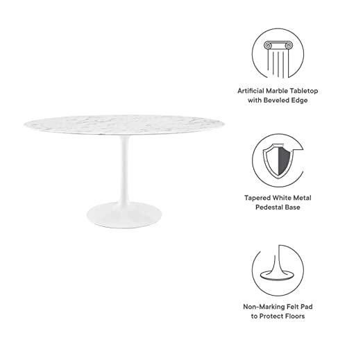 Modway Lippa 60" Oval-Shaped Mid-Century Modern Dining Table with Artificial Marble Top and White Base Modway