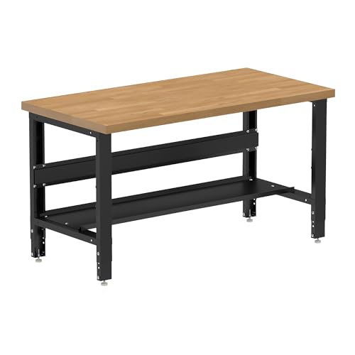 Borroughs® 60" Adjustable Workbench, Hardwood Top Heavy-Duty Workstation with Bottom Shelf, 2000 LBS Load Capacity Worktable for Workshop, Garage, Borroughs