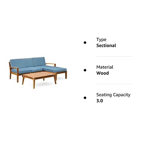 Christopher Knight Home Grenada Sectional Sofa Set | 5-Piece 3-Seater | Includes Coffee Table and Ottoman | Acacia Wood Frame | Water-Resistant Cushions | Teak and Blue, Finish - WoodArtSupply