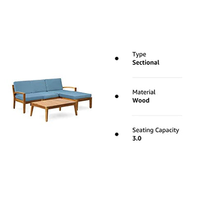 Christopher Knight Home Grenada Sectional Sofa Set | 5-Piece 3-Seater | Includes Coffee Table and Ottoman | Acacia Wood Frame | Water-Resistant Cushions | Teak and Blue, Finish - WoodArtSupply