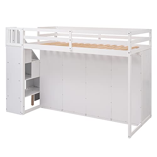 BOVZA Twin Size White Loft Bed with Stairs, Wardrobe, Drawers, and Shelves for Kids and Teens