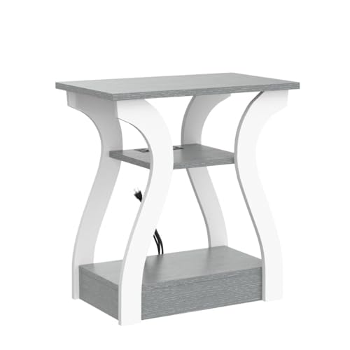 FROMJBEST End Tables Living Room, Grey End Table with Charging Station, Grey Side Table, Nightstand for Bedroom, 3 Tier End Table with Storage Shelf for Living Room FROMJBEST