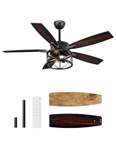 EDISHINE 52 Inch Farmhouse Ceiling Fans With Lights, Rustic Ceiling Fan With Light and Remote, 5 Wood Blades Ceiling Fan with Timer, 6 Speeds Reversible DC Motor for Bedroom, Patio, Porch - WoodArtSupply