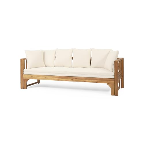 KEIKI 78.5" Outdoor Patio Sofa Bed Acacia Wood Frame Convertible Couch Daybed with Cushion & Pillow for Courtyard KEIKI