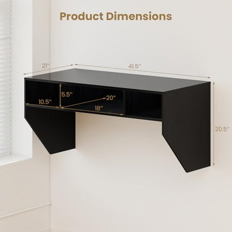Giantex Wall-Mounted Computer Desk, Floating Laptop Desk with 3 Storage Compartments, Space-Saving Home Office Workstation Vanity Table for Bedroom, Study, Living Room (Black) Giantex