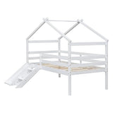 PVWIIK Twin Size Low Loft Bed with Slide for Kids,Girls,Boys Bedroom,Wood House Roof Frame with Inclined Ladder,Easy to Assemble,Under Bed Storage,White PVWIIK