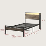 BOFENG Twin Bed Frame with Wood Headboard and USB Charging Station,Heavy Duty Metal Platform Single LED Bed Frame Twin Size with Storage No Box Spring Needed,Strong Steel Slats,Noise Free,Rustic Grey BOFENG