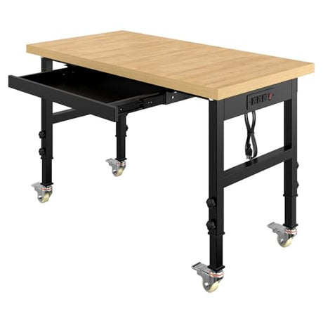 Wanmwill 48"x24" Adjustable Workbench on Wheels, Heavy-Duty Work Bench, 2000 LBS Worktable with Power Outlets & Drawer, Portable Chipboard Work Station for Garage, Repair Shop, Workshop, Office Wanmwill