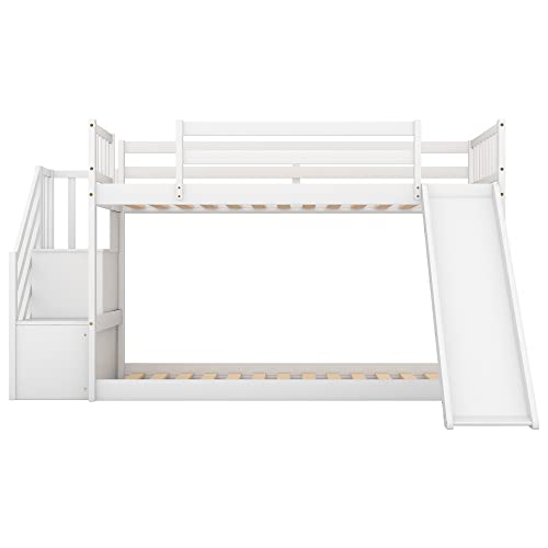 Twin Over Twin Low Bunk Bed with Slide and for Storage Staircase for Teens, Boys or Girls, No Box Sping Needed Merax