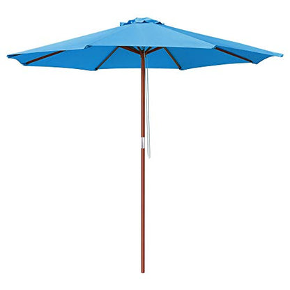 Yescom 9ft Wooden Outdoor Patio Blue Umbrella W/ Pulley Market Garden Yard Beach Deck Cafe Sunshade