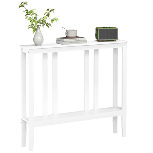 ELYKEN Bamboo Console Tables for Entryway, 36.2" Long 2 Tier Hallway Table Behind Couch, 7” Narrow Sofa Table for Entrance, Entry, Living Room, White ELYKEN