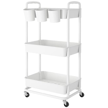 JIUYOTREE 3-Tier Plastic Rolling Storage Cart Utility Cart with Extra Hanging Cups Handles Lockable Wheels for Living Room Bathroom Kitchen Office White JIUYOTREE