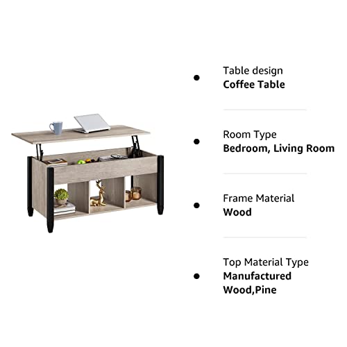 Yaheetech Gray Coffee Table, Lift Top Coffee Table with Hidden Compartment & Shelf, Lift Up Dining Table for Living Room Reception, Retro Central Table with Wooden Lift Tabletop, 41 inch L - WoodArtSupply