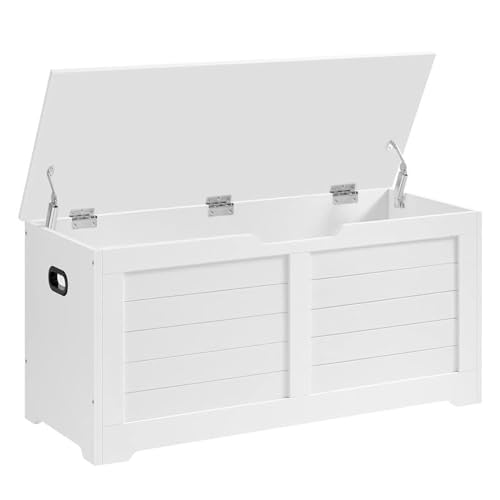 VASAGLE Storage Chest, Storage Trunk with 2 Safety Hinges, Storage Bench, Shoe Bench, Modern Style, 15.7 x 39.4 x 18.1 Inches, for Entryway, Bedroom, Living Room, White ULSB061T10 VASAGLE