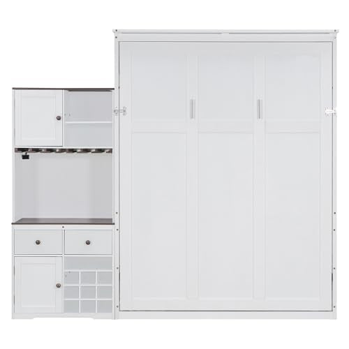 Merax Queen Size Murphy Bed, Wood Murphy Bed with Storage Cabinet, Wine Rack, Glass Holder, Drawers and Multi-Color LED Strip, White Merax