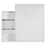 Merax Queen Size Murphy Bed, Wood Murphy Bed with Storage Cabinet, Wine Rack, Glass Holder, Drawers and Multi-Color LED Strip, White Merax