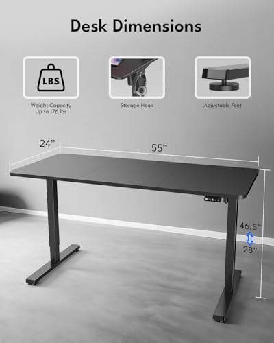 Zontera Standing Desk, Height Adjustable Electric Stand up Desk, 55 x 24 Inches Sit Stand Home Office Desk with Splice Board, Black Frame/Black Top Zontera