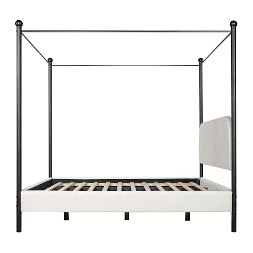 Christopher Knight Home King Size Upholstered Canopy Bed Frame with Boucle Fabric, Curved Headboard and Iron Legs, Modern Platform Bed Frame with Slats No Box Spring Needed, White