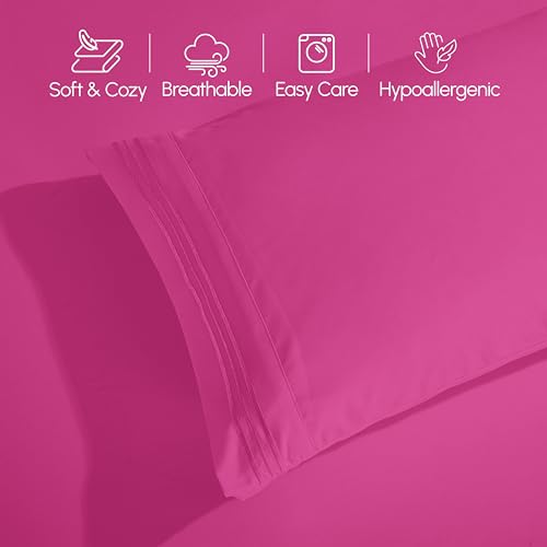 Elegant Comfort Luxurious 1500 Premium Hotel Quality Microfiber Three Line Embroidered Softest 4-Piece Bed Sheet Set, Wrinkle and Fade Resistant, Queen, Hot Pink