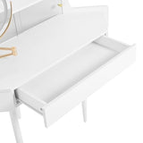 Merax Corner Small Vanity Desk with Mirror and Lights, 44.09" L Makeup Vanity Set with Stool, Dressing Table with Sliding Glass Door, Drawer and Display Shelf, White Merax