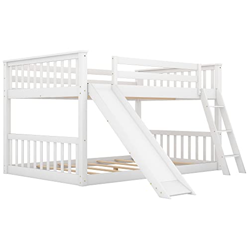 Harper & Bright Designs Floor Low Bunk Bed Full Over Full with Slide and Ladder, Solid Wood Bunk Beds Frame for Saving Space, White Harper & Bright Designs