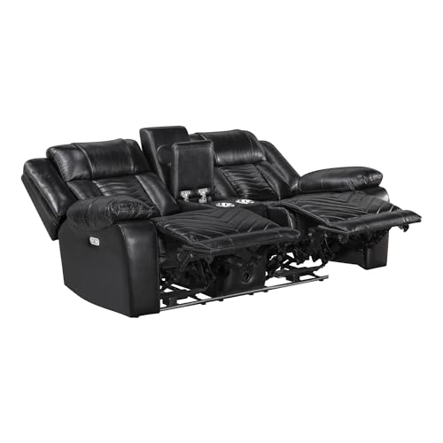 Lexicon Wall Hugger Power Double Reclining Loveseat with Console, Faux Leather Home Theater Seating with LED Lighting, Charging Ports, Bluetooth Speaker Wireless, Cup Holders, Hidden Storage, Black Lexicon