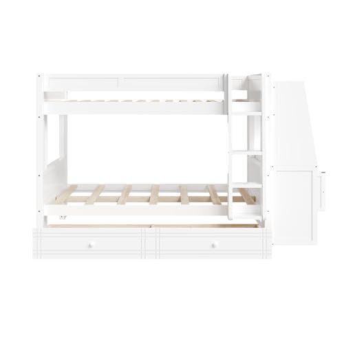 LUMISOL Full Over Full Bunk Bed with Desk and Bookshelves, Solid Wood Bunk Bed with Drawers for Kids Teens Adults, Safety Guardrail, Space-Saving Wooden Bunk Beds with Storage, White LUMISOL