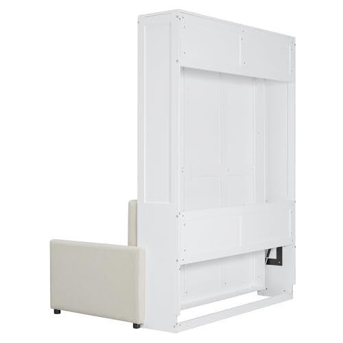 P PURLOVE Full Wood Murphy Bed with Sofa, Wall Bed Without Slats, No Box Spring Needed (White) P PURLOVE