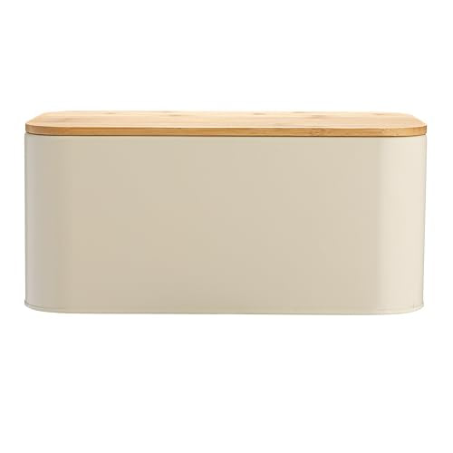 Bloomingville Metal Bin with Bamboo Lid, Cream Bread Box, 11.75" L x 5.25" W x 7" H Bloomingville