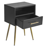 IBUYKE Nightstand, Mid Century Modern Night Stand, Bedside Table with Drawers and Open Storage Shelf, End Side Table with Metal Legs, for Bedroom, Small Spaces,Black UWNS004B IBUYKE