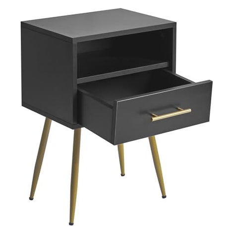 IBUYKE Nightstand, Mid Century Modern Night Stand, Bedside Table with Drawers and Open Storage Shelf, End Side Table with Metal Legs, for Bedroom, Small Spaces,Black UWNS004B IBUYKE